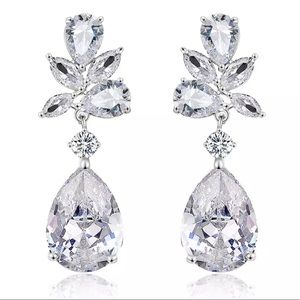 Teardrop Shaped Drop Earrings Simulated Diamonds White Gold Plated